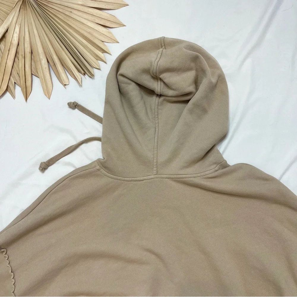 Eileen Fisher Organic Cotton Cropped Khaki Tan Raw Hem Lounge Hoodie Sweatshirt